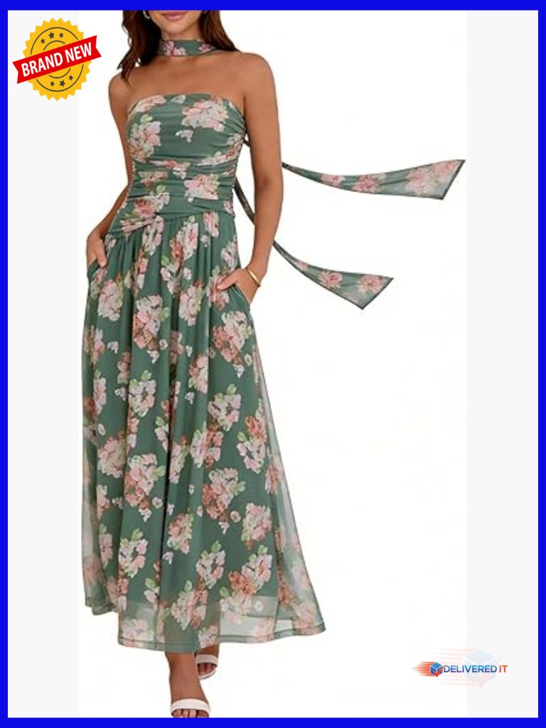 Strapless Ruched Maxi Dress With Pockets For Women